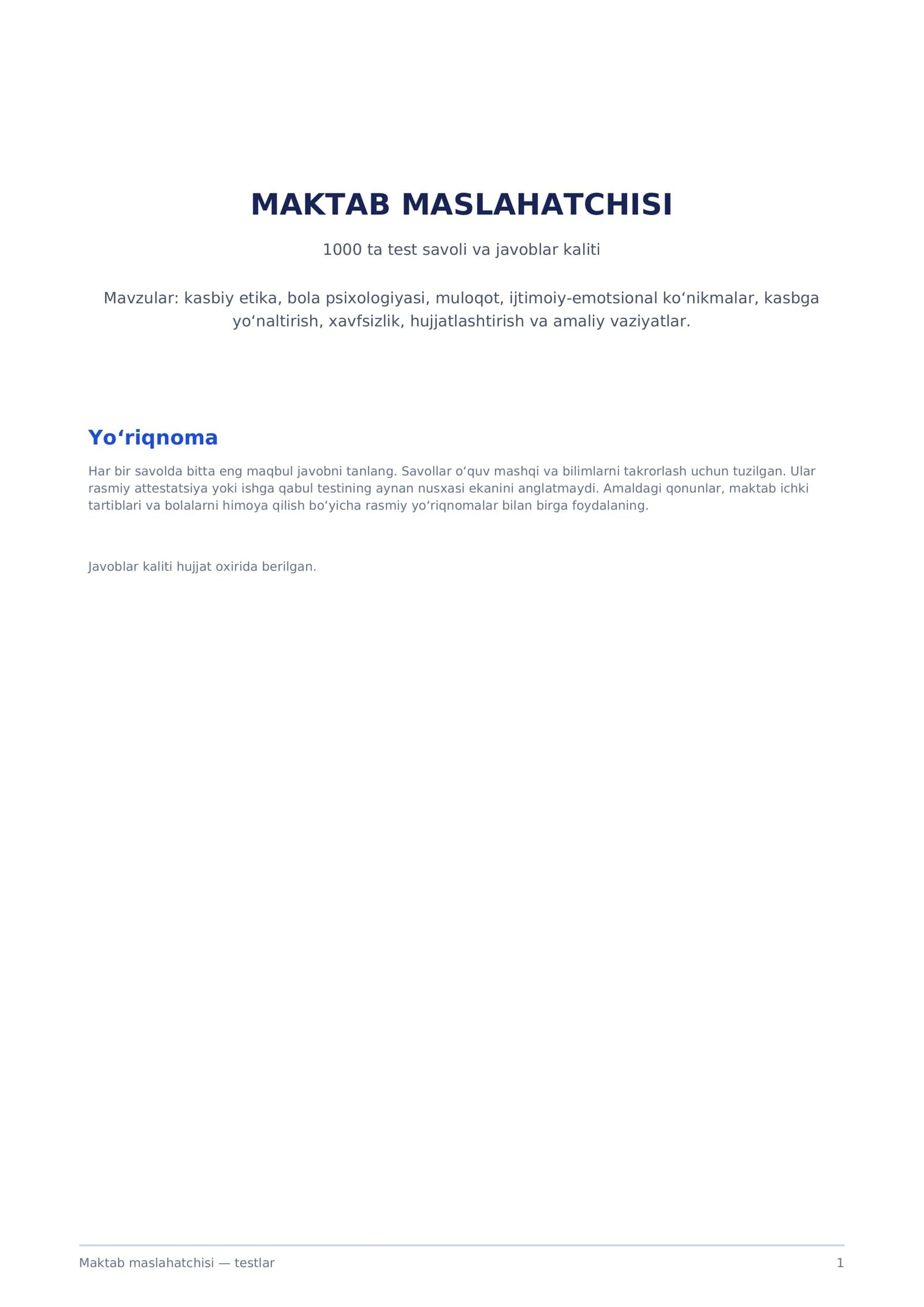 Maktab maslahatchisi uchun 1000 ta test savoli va javoblari