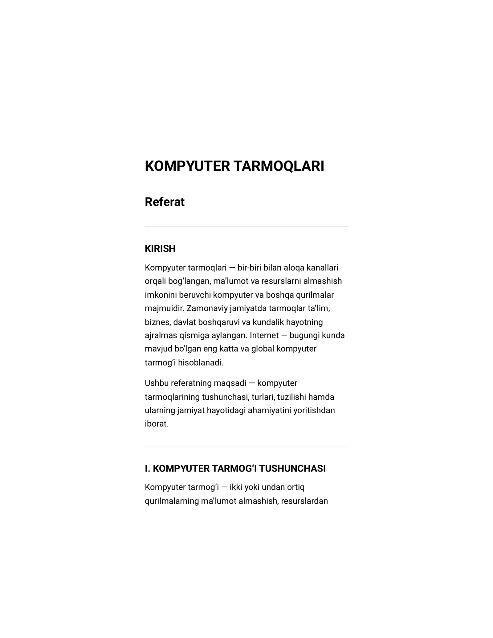 Referat Kompyuter tarmoqlari