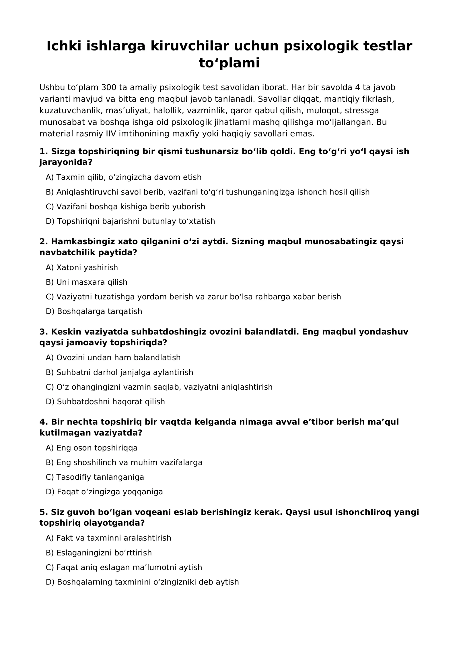 Ichki Ishlarga Kiruvchilar Uchun 300 Ta Psixologik Testlar To‘plami