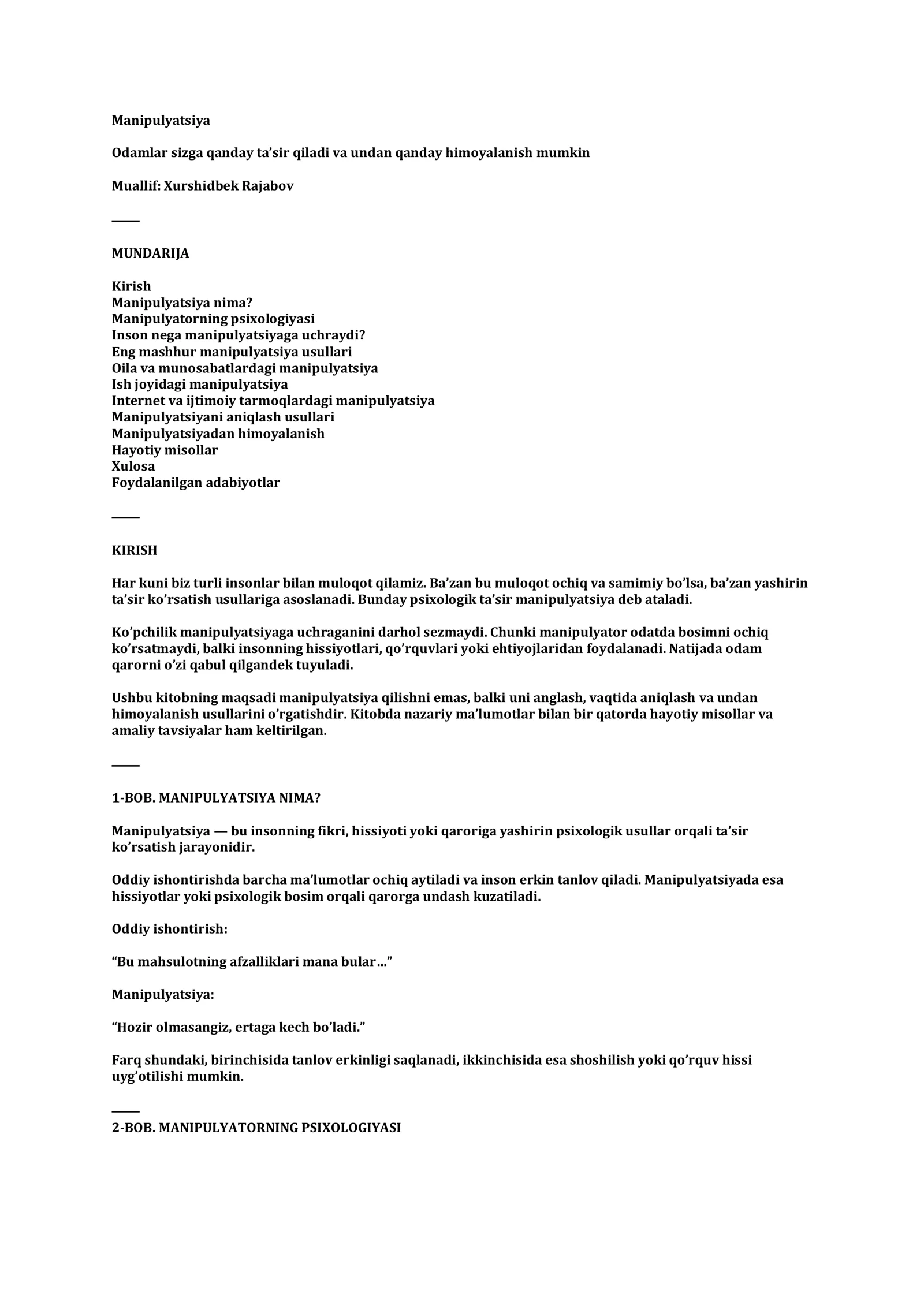 Manipulyatsiya: Odamlar sizga qanday ta’sir qiladi va bunga qanday qarshi turish mumkin (PDF Kitob)