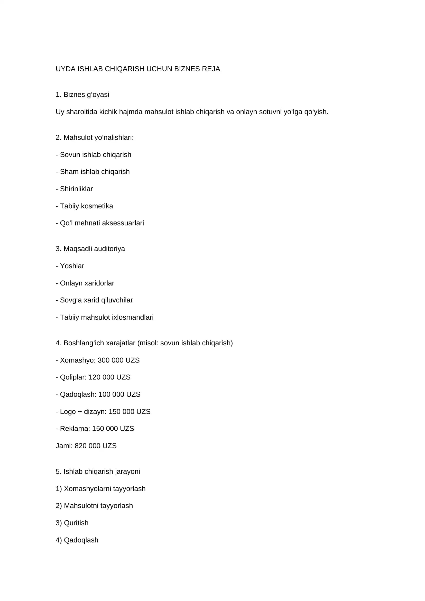 2026 yil uchun biznes reja