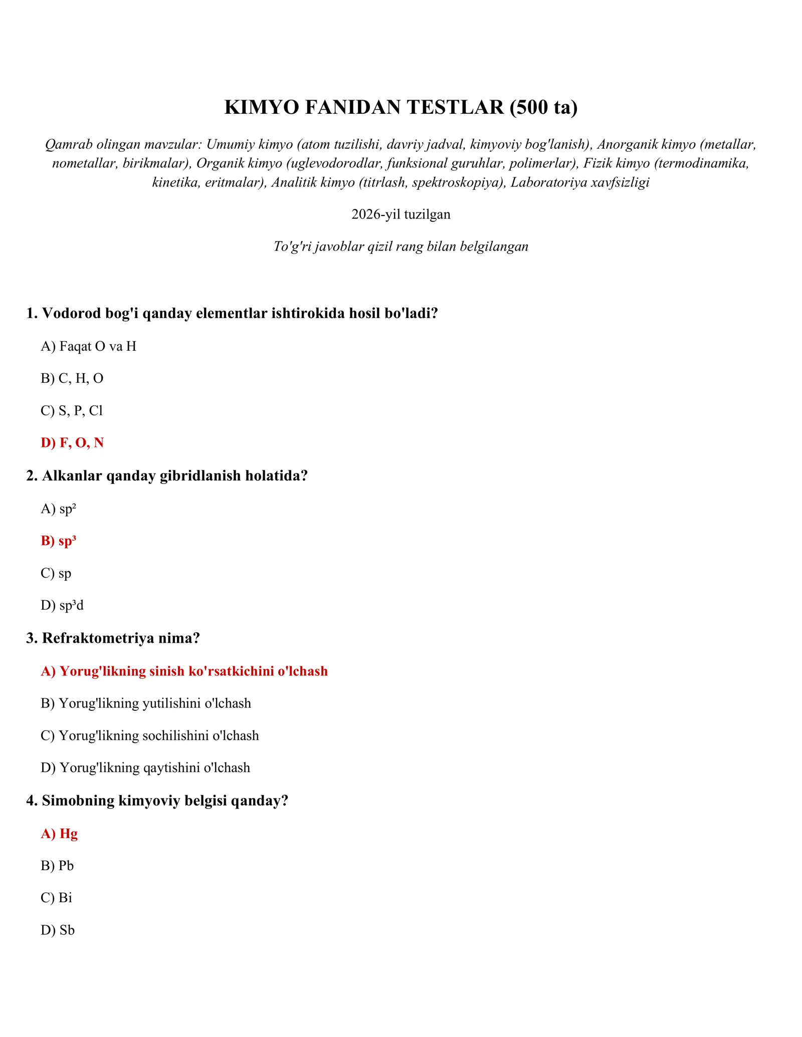 KIMYO FANIDAN TESTLAR (500 ta)