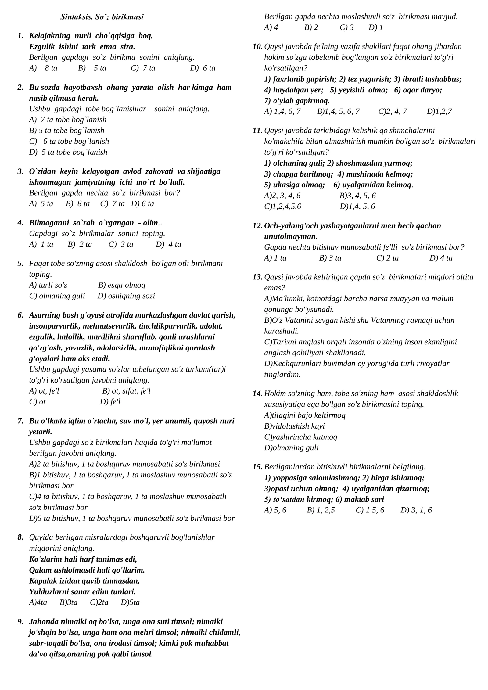 So’z birikmasi test