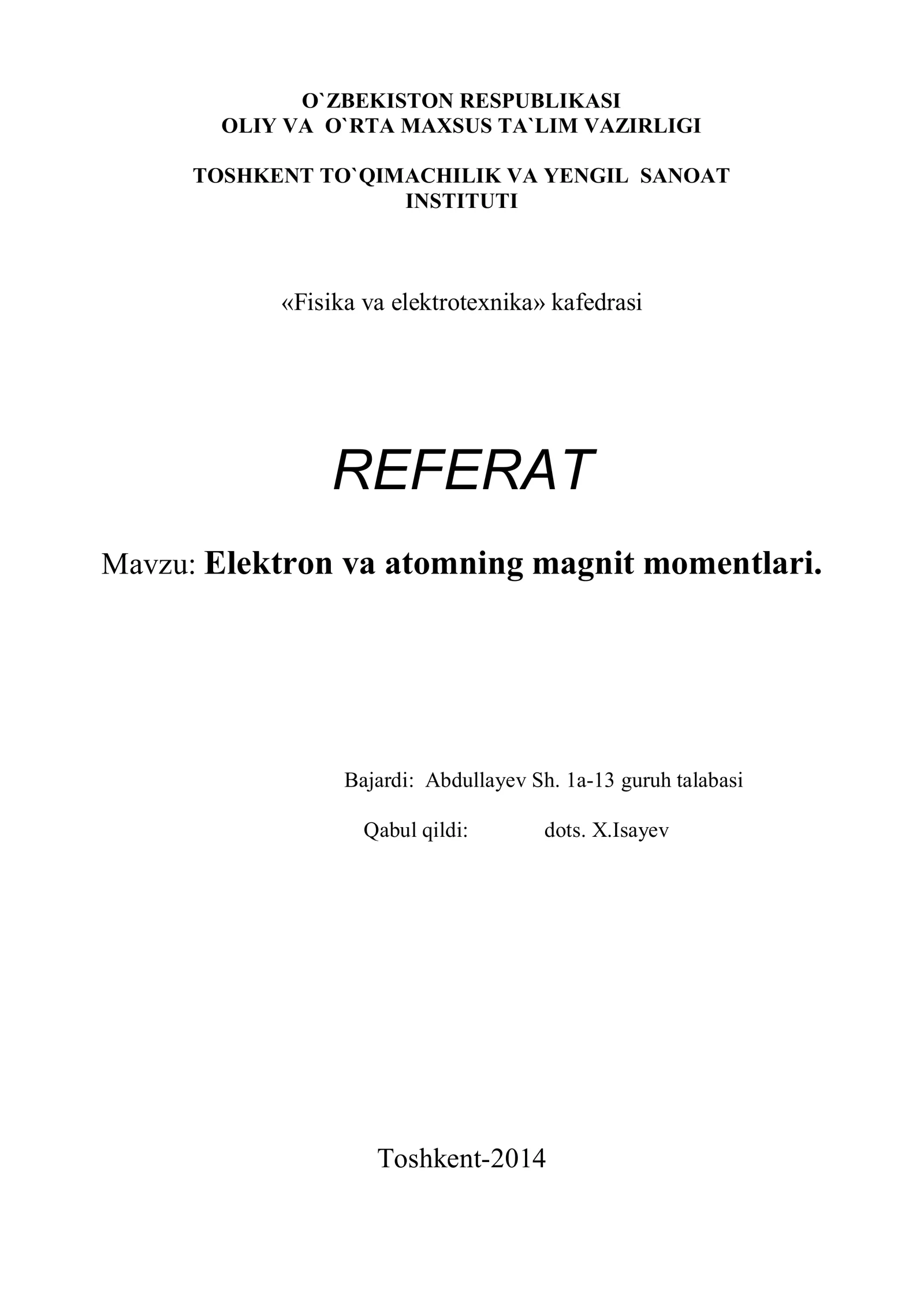Elеktrоn vа аtоmning mаgnit mоmеntlаri