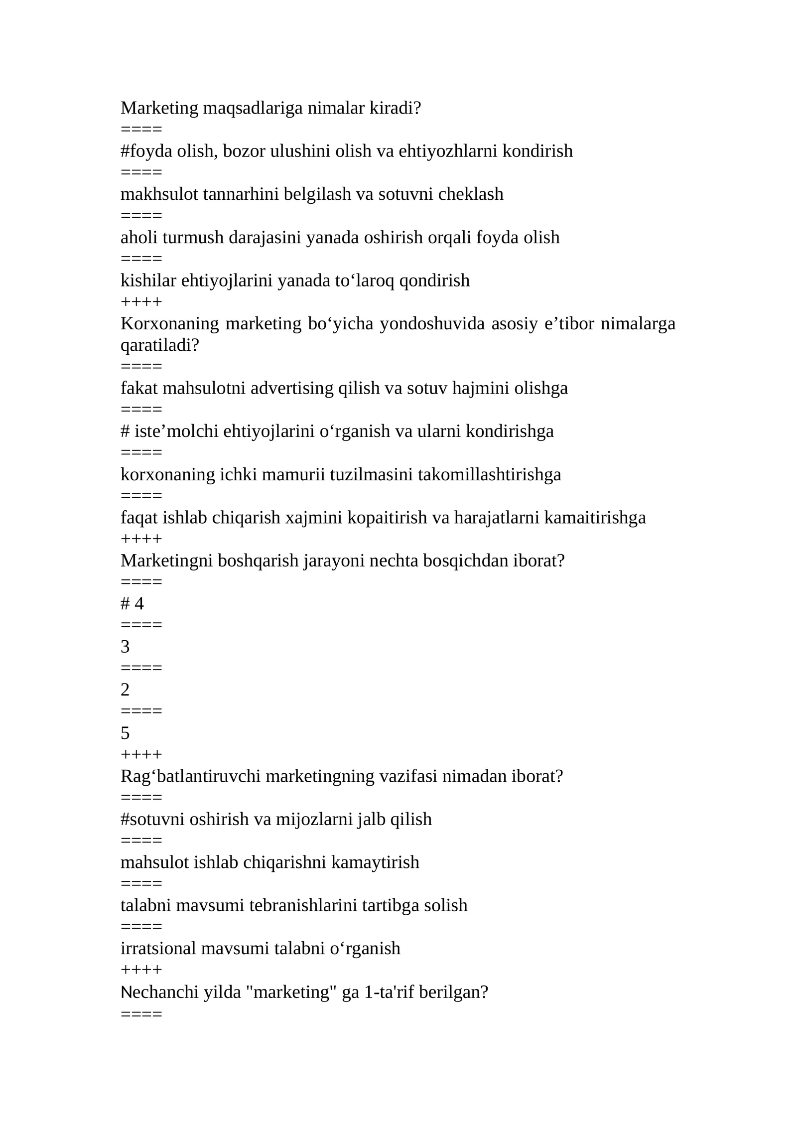 marketing test savollari