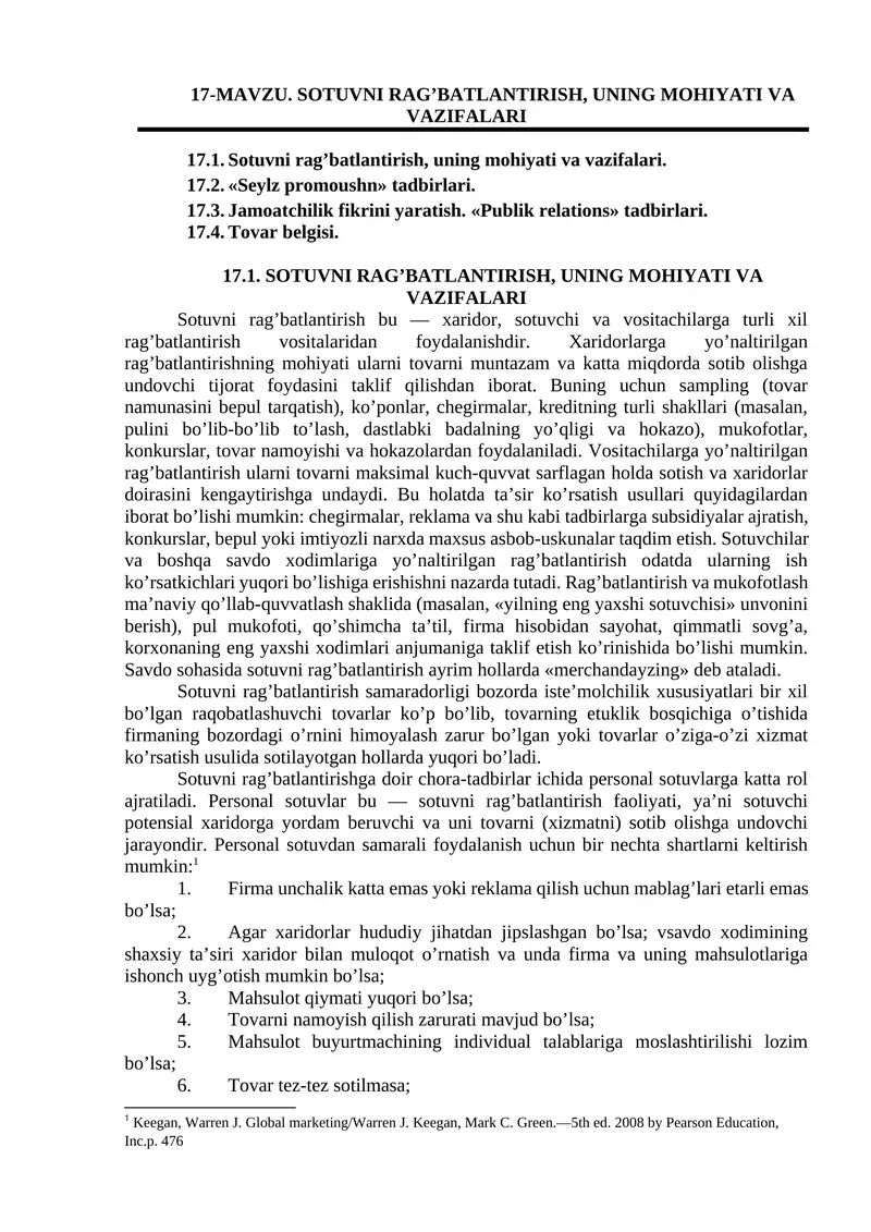 Sotuvni rag’batlantirish, uning mohiyati va vazifalari