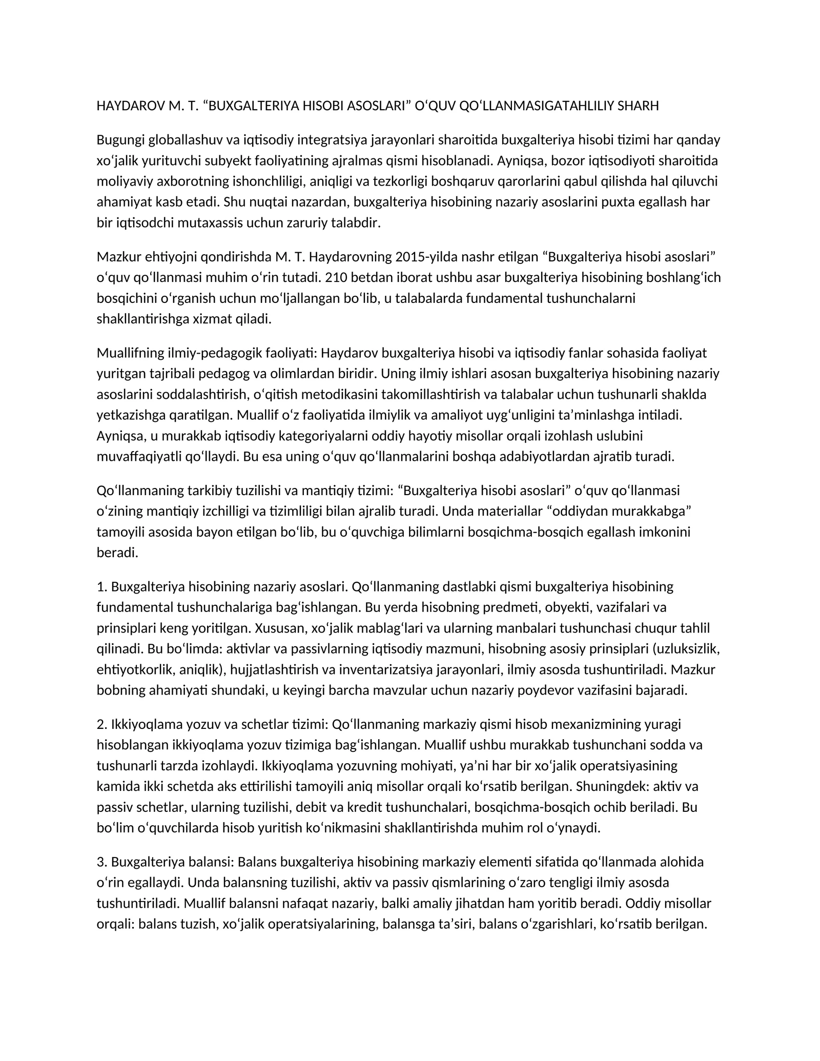 HAYDAROV M. T. “BUXGALTERIYA HISOBI ASOSLARI” O‘QUV QO‘LLANMASIGA TAHLILIY SHARH