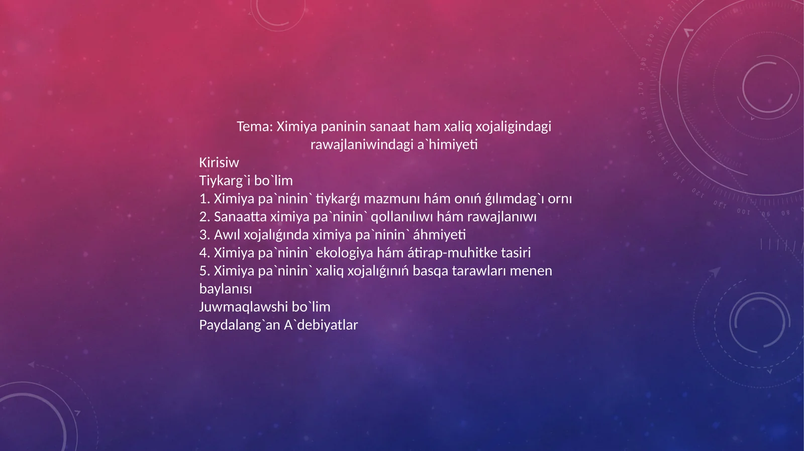 Ximiya paninin sanaat ham xaliq xojaligidagi rawajlaniwindagi a`himiyeti