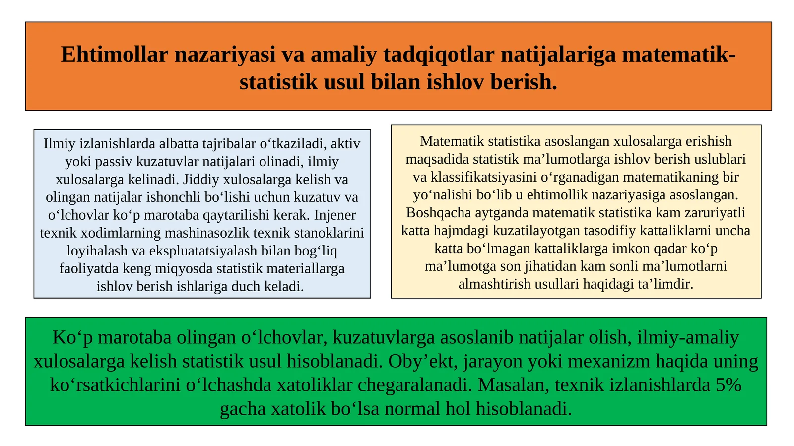 Ehtimollar nazariyasi va amaliy tadqiqotlar natijalariga matematik-statistik usul bilan ishlov berish