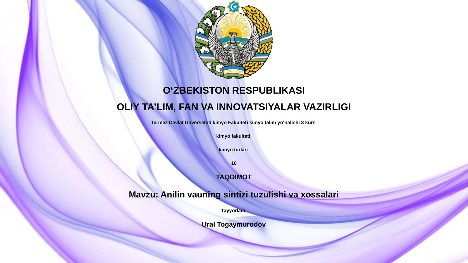 Anilin vauning sintizi tuzulishi va xossalari