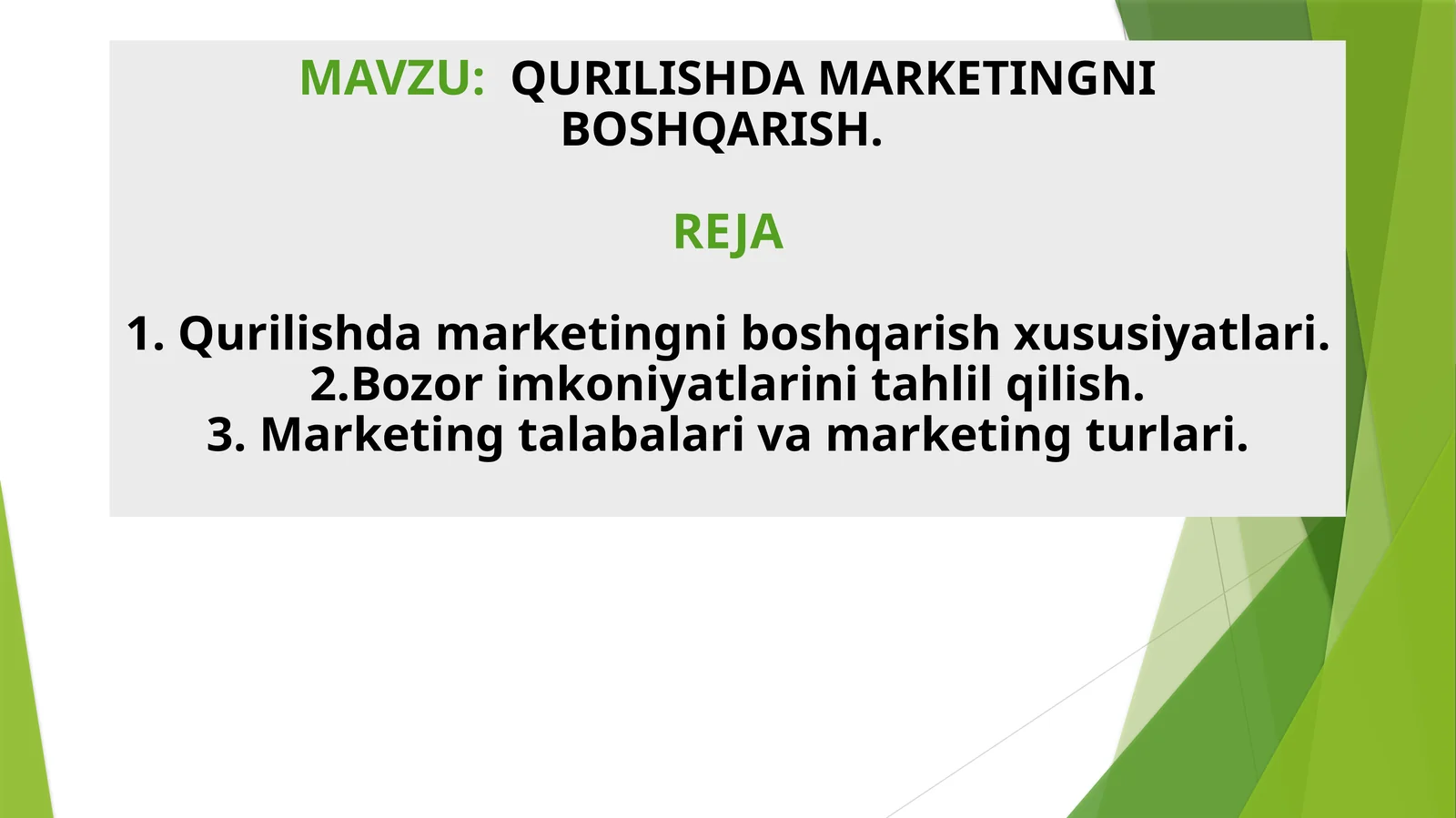 QURILISHDA MARKETINGNI  BOSHQARISH