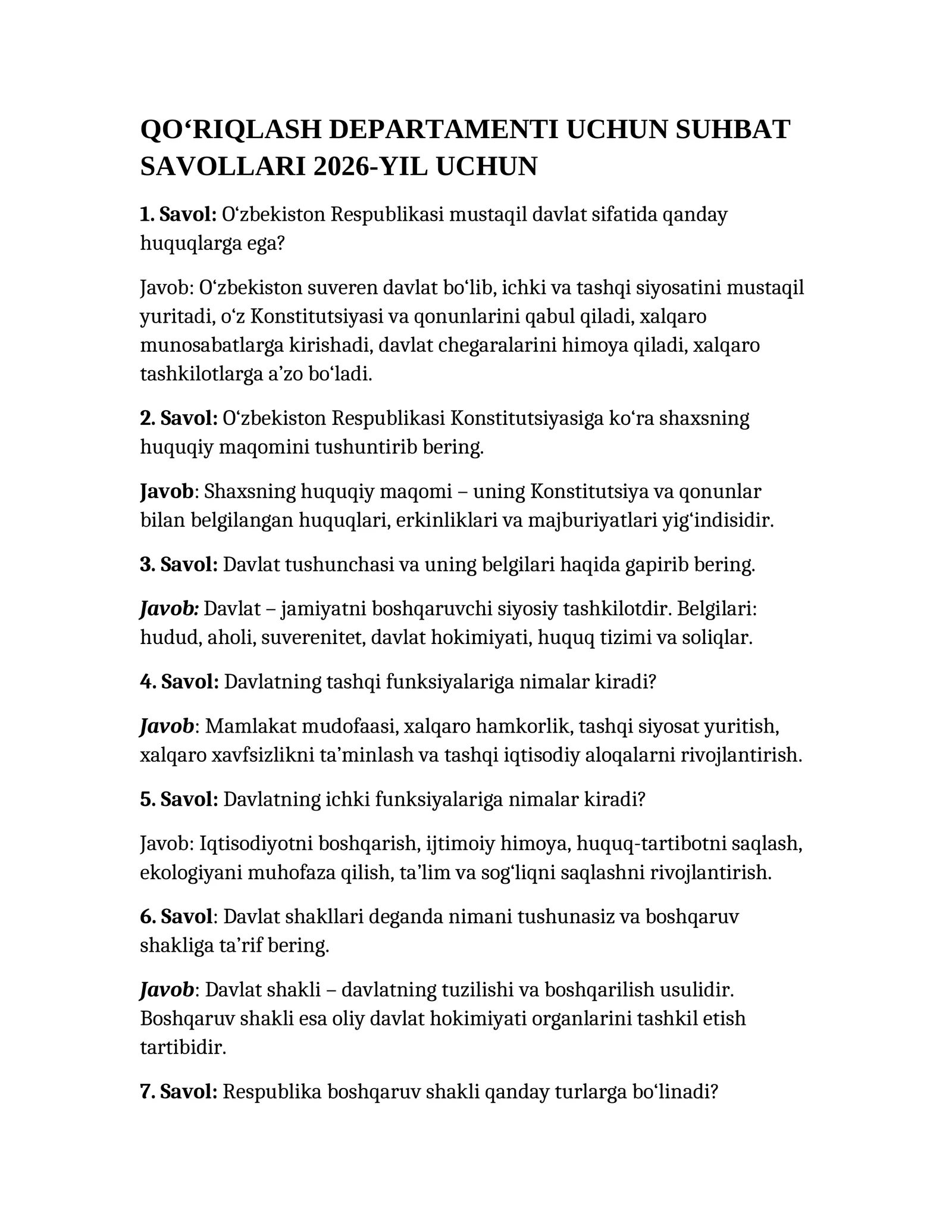QO‘RIQLASH DEPARTAMENTI UCHUN SUHBAT SAVOLLARI 2026-YIL UCHUN