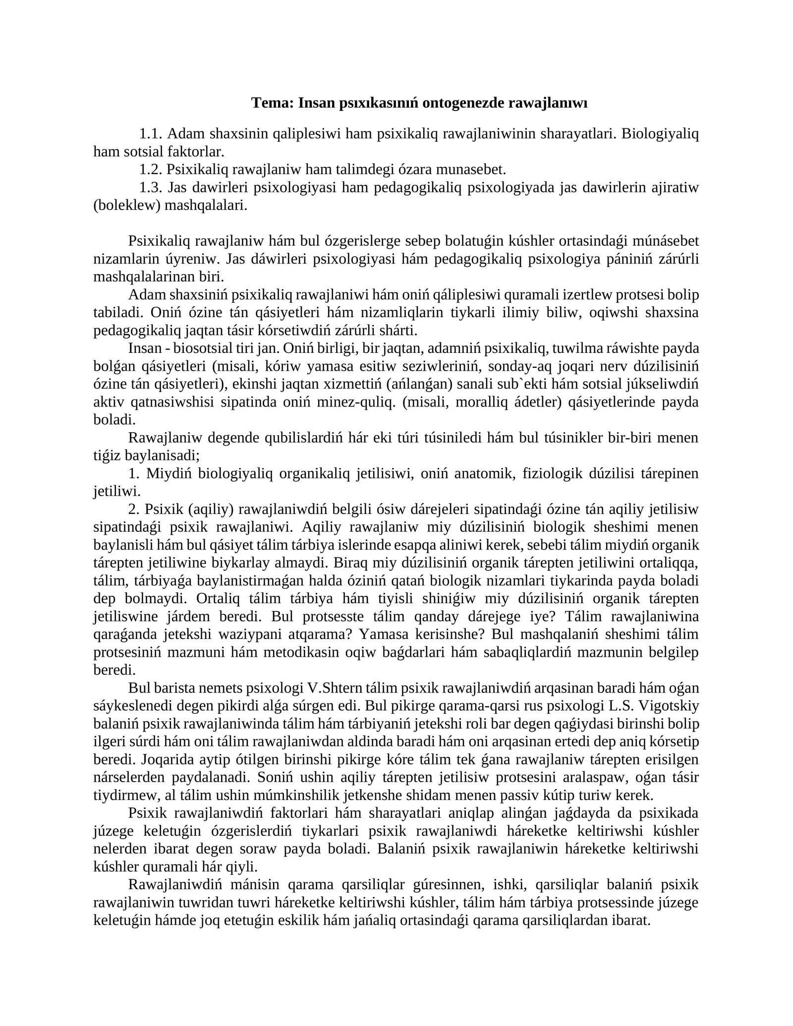 Insan psıxıkasınıń ontogenezde rawajlanıwı