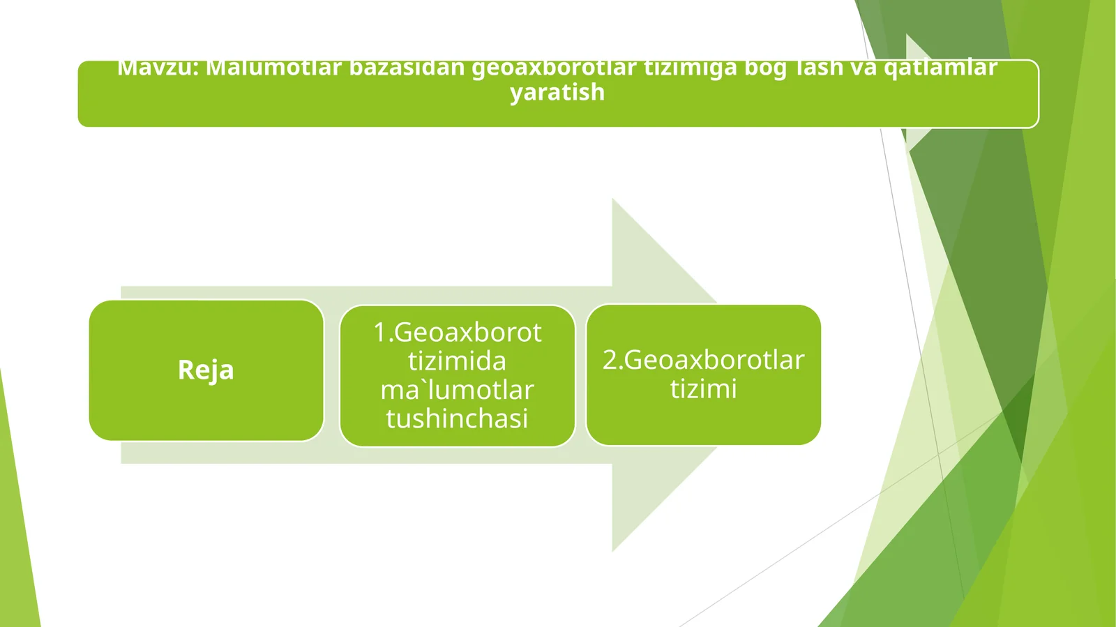 Malumotlar bazasidan geoaxborotlar tizimiga bog`lash va qatlamlar yaratish