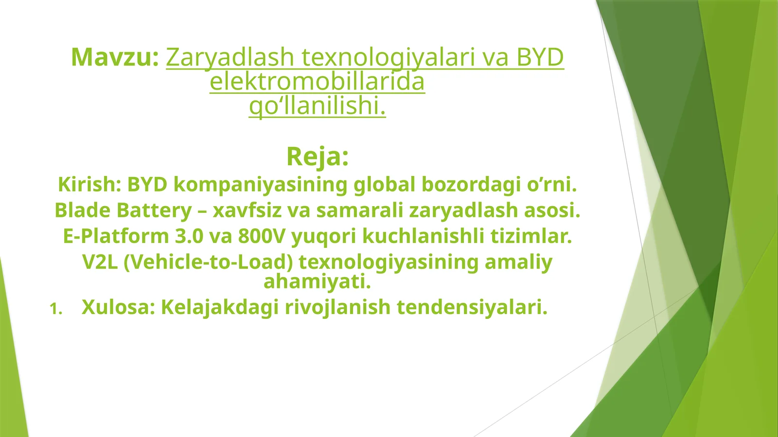 Zaryadlash texnologiyalari va BYD elektromobillarida qo‘llanilishi.