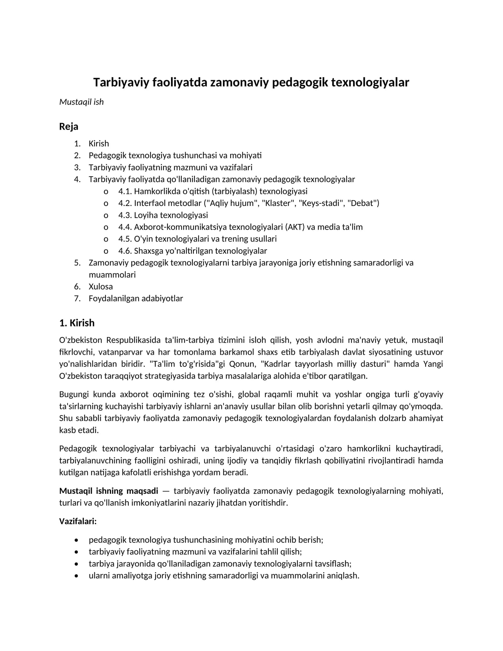 Tarbiyaviy faoliyatda zamonaviy pedagogik texnologiyalar
