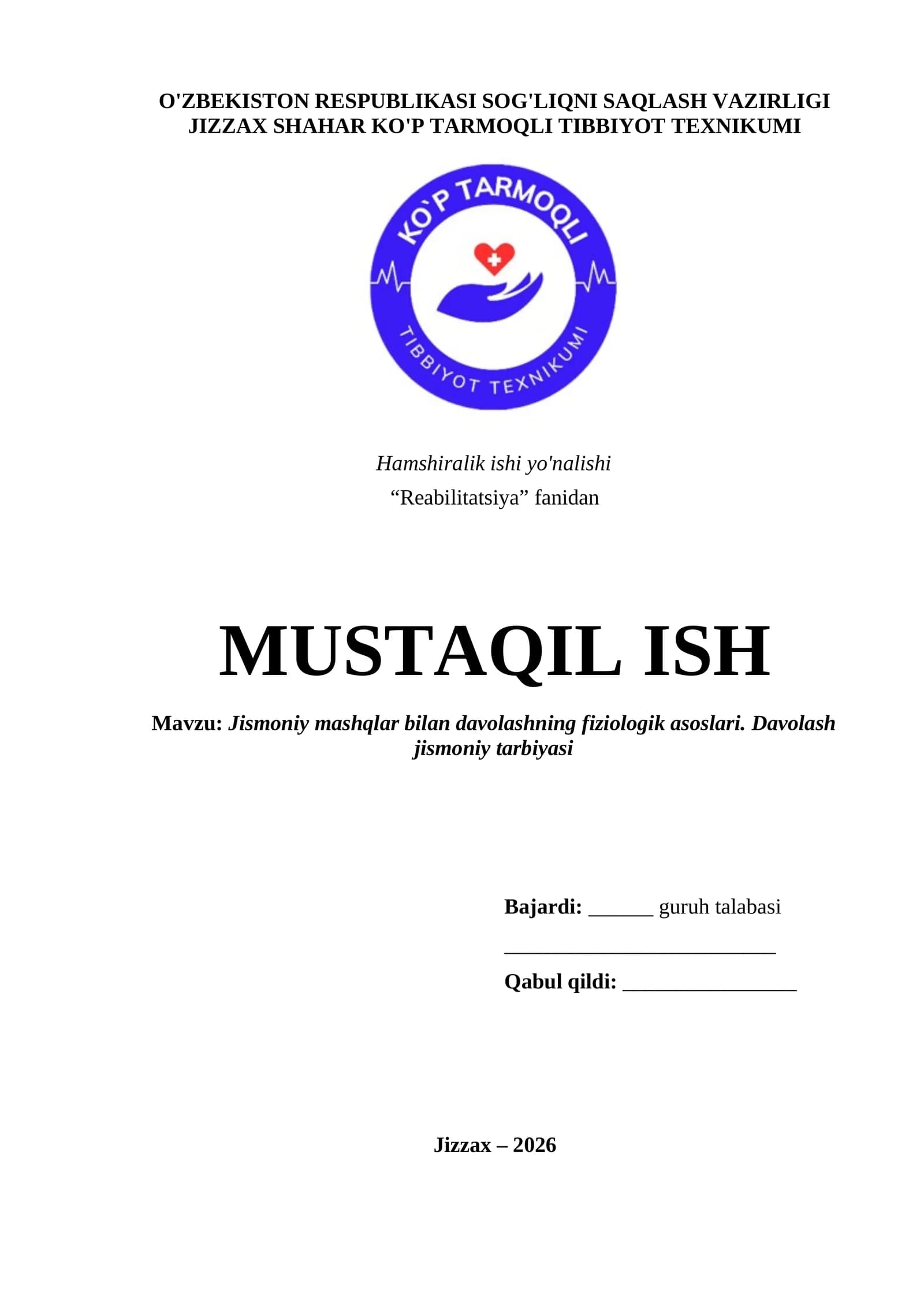 Jismoniy mashqlar bilan davolashning fiziologik asoslari