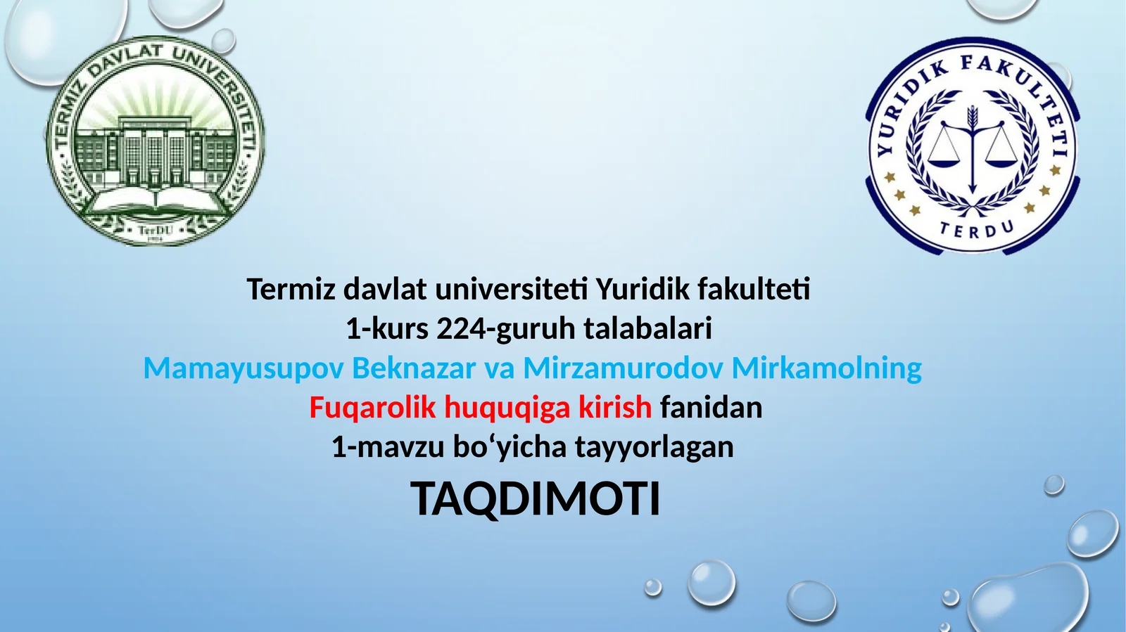 Fuqarolik huquqi tushunchasi, predmeti, tamoyillari va tizimi.