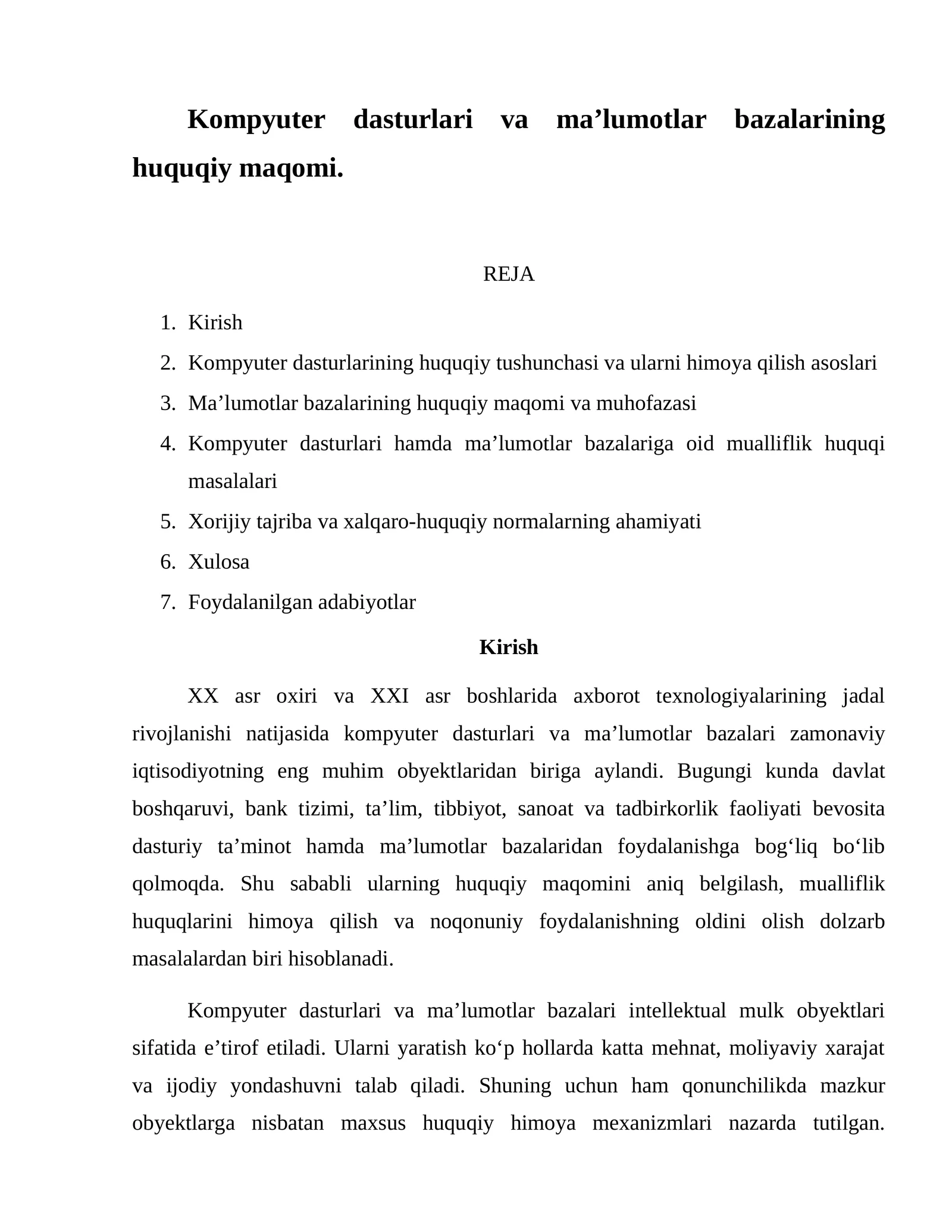 Kompyuter dasturlari va ma’lumotlar bazalarining huquqiy maqomi