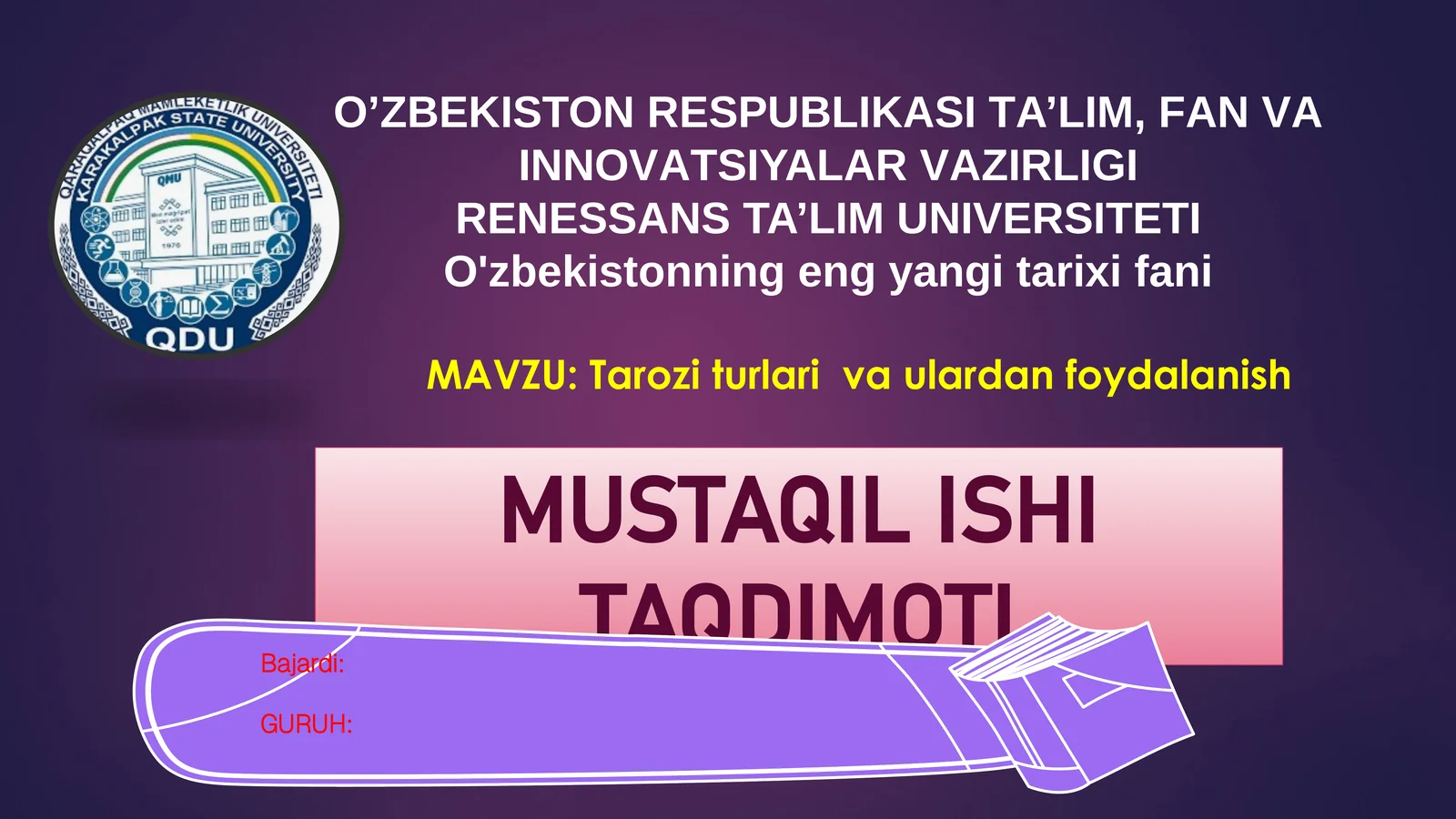 Tarozi turlari va ulardan foydalanish mavzusida Taqdimot