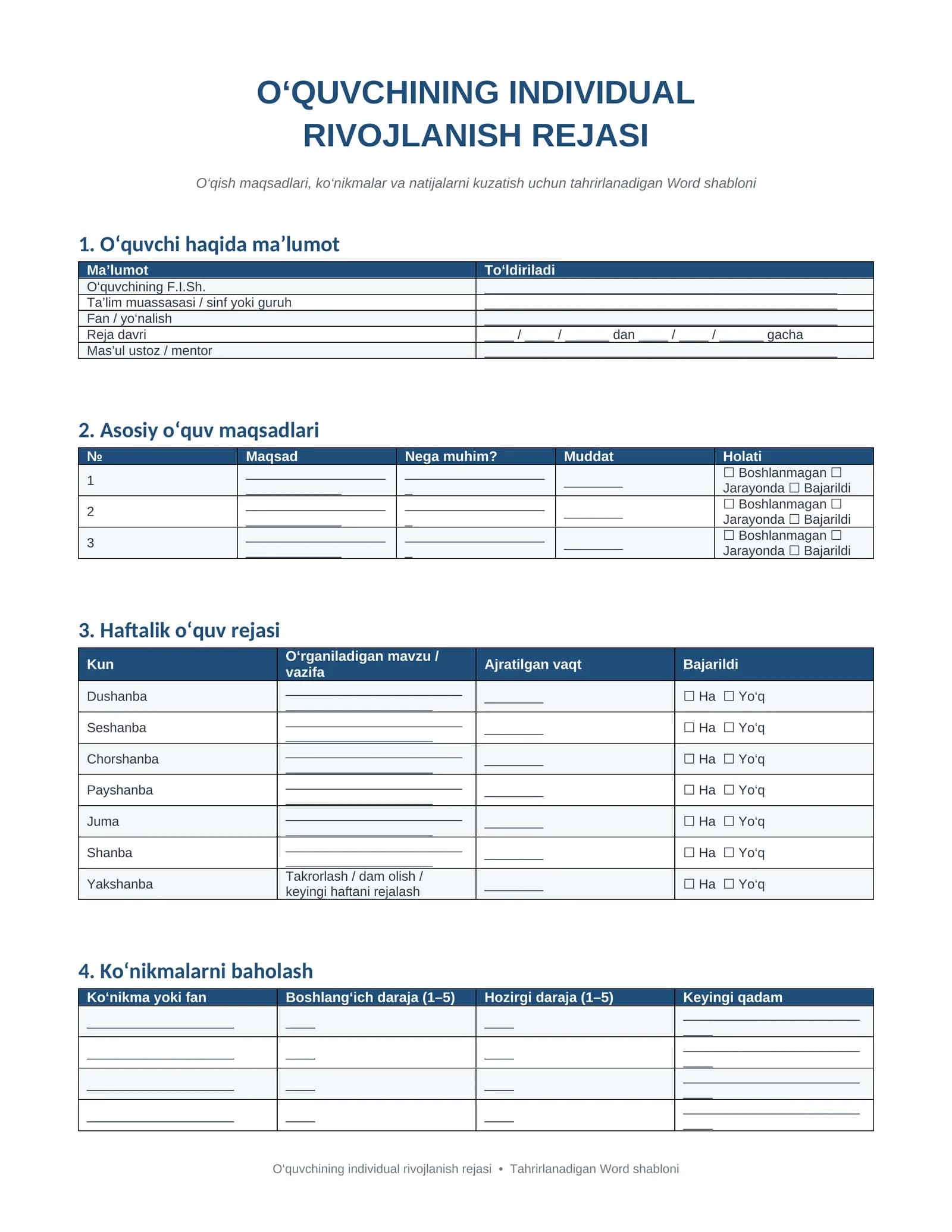 O‘quvchining individual rivojlanish rejasi — Word shabloni
