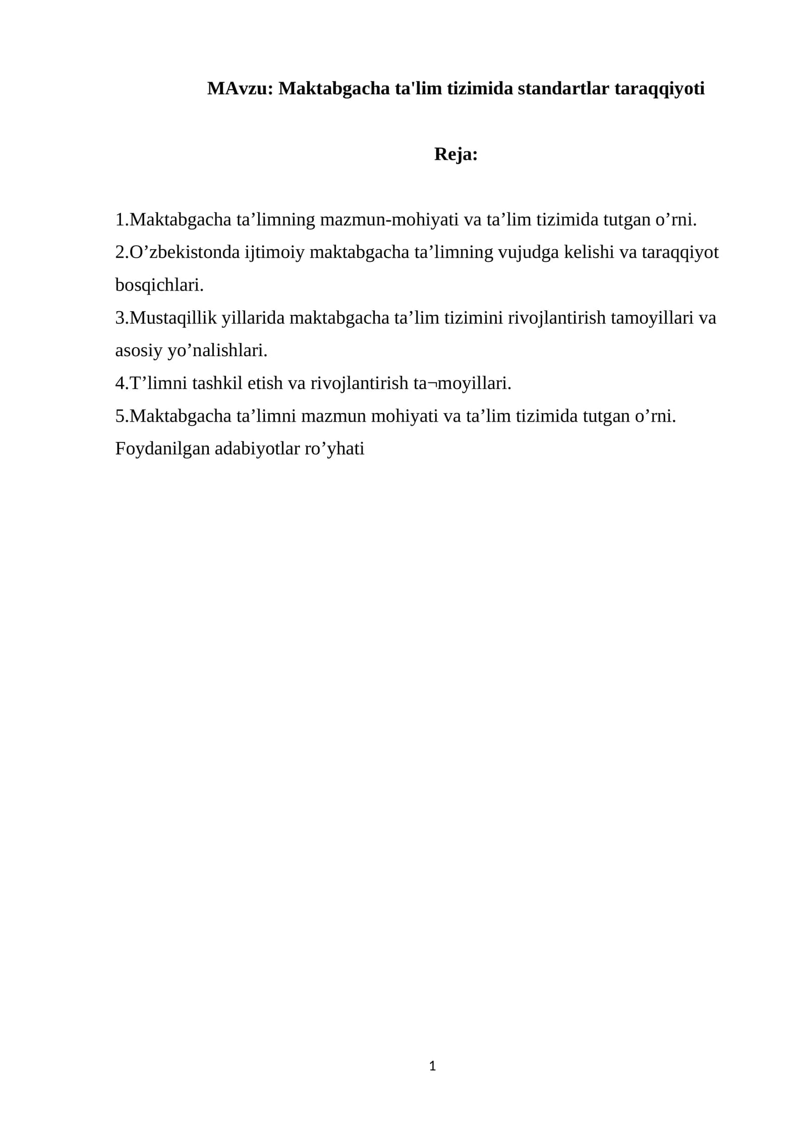 Maktabgacha ta'lim tizimida standartlar taraqqiyoti
