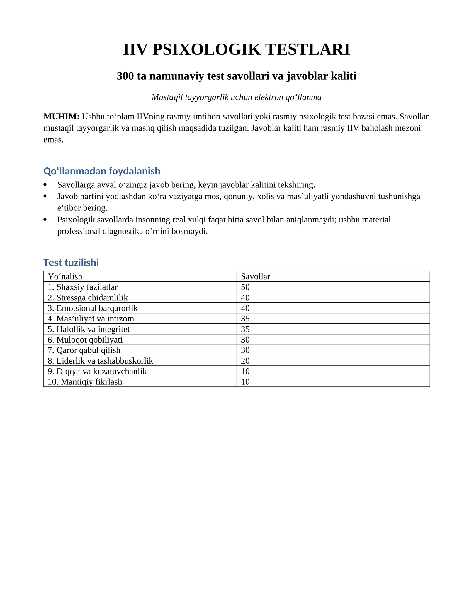 IIV psixologik testlari — 300 ta namunaviy test va javoblar