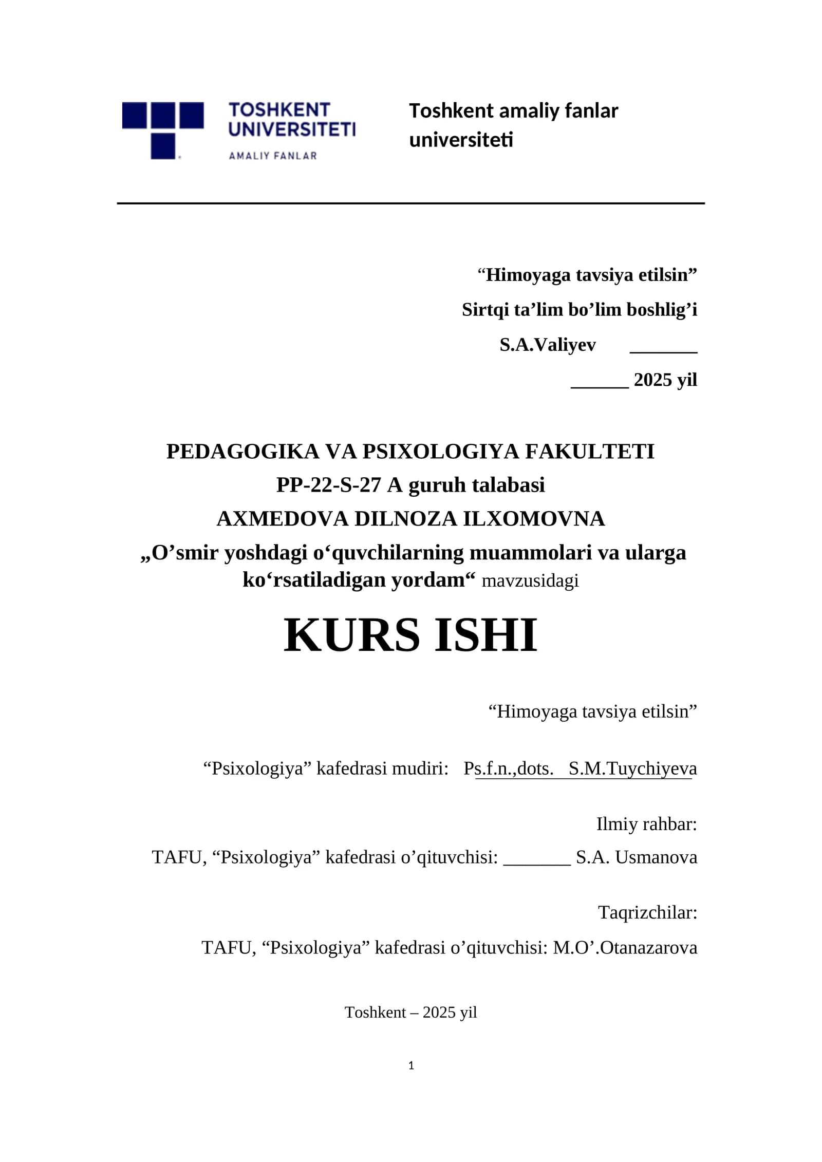 "Himoyaga tavsiya etilsin" KURSI
