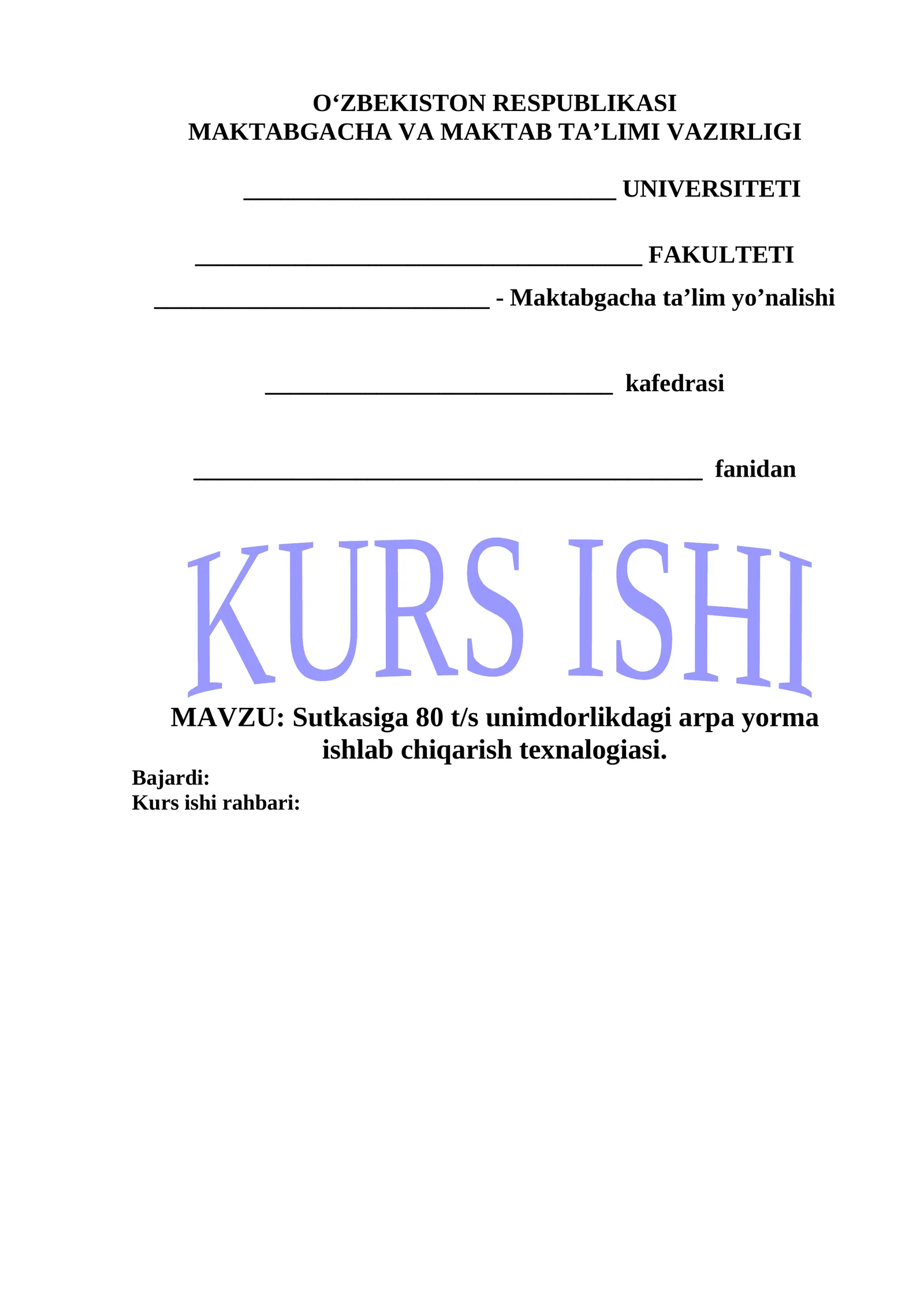Sutkasiga 80 t/s unimdorlikdagi arpa yorma ishlab chiqarish texnalogiasi.