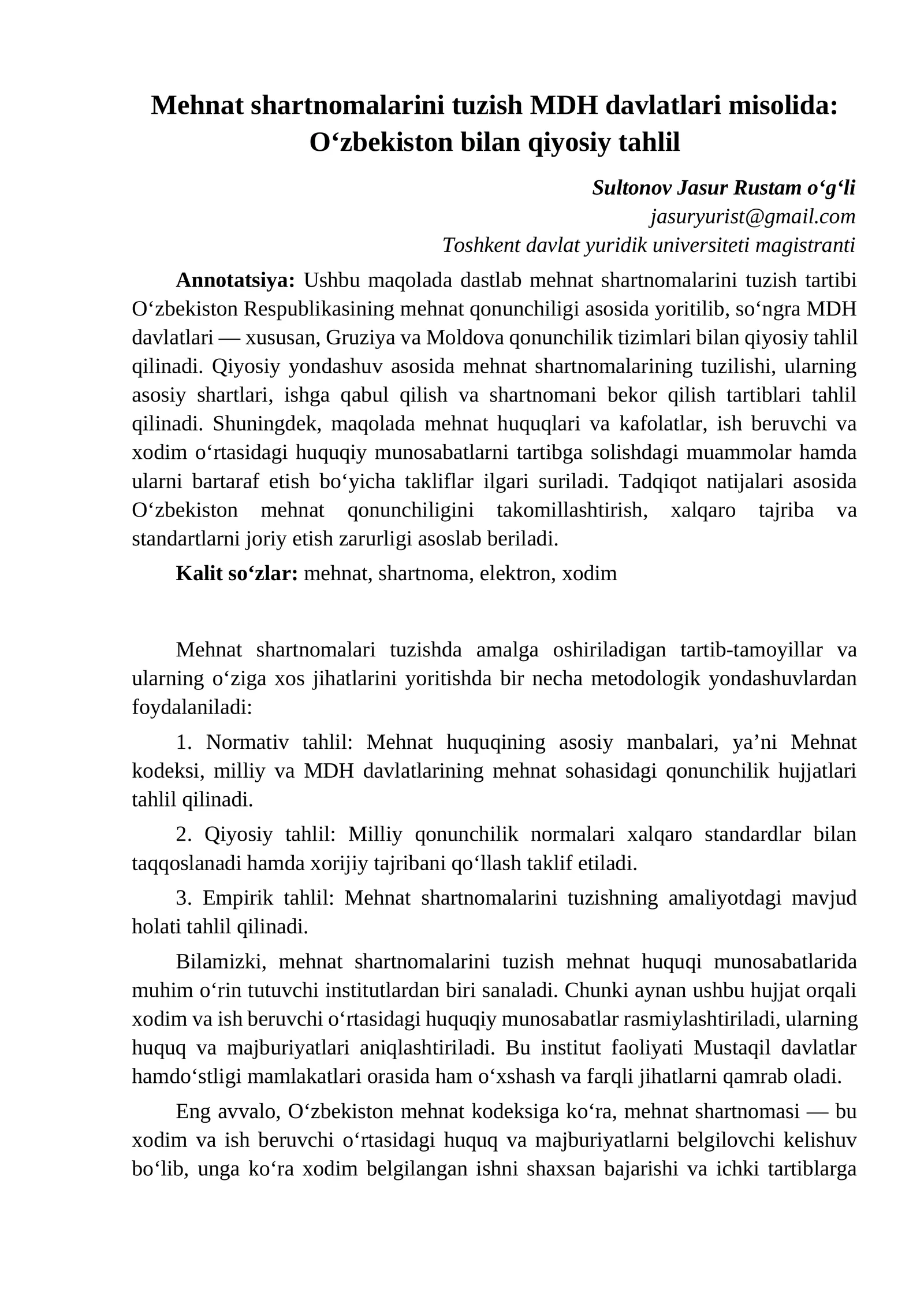 Mehnat shartnomalarini tuzish MDH davlatlari misolida: O‘zbekiston bilan qiyosiy tahlil