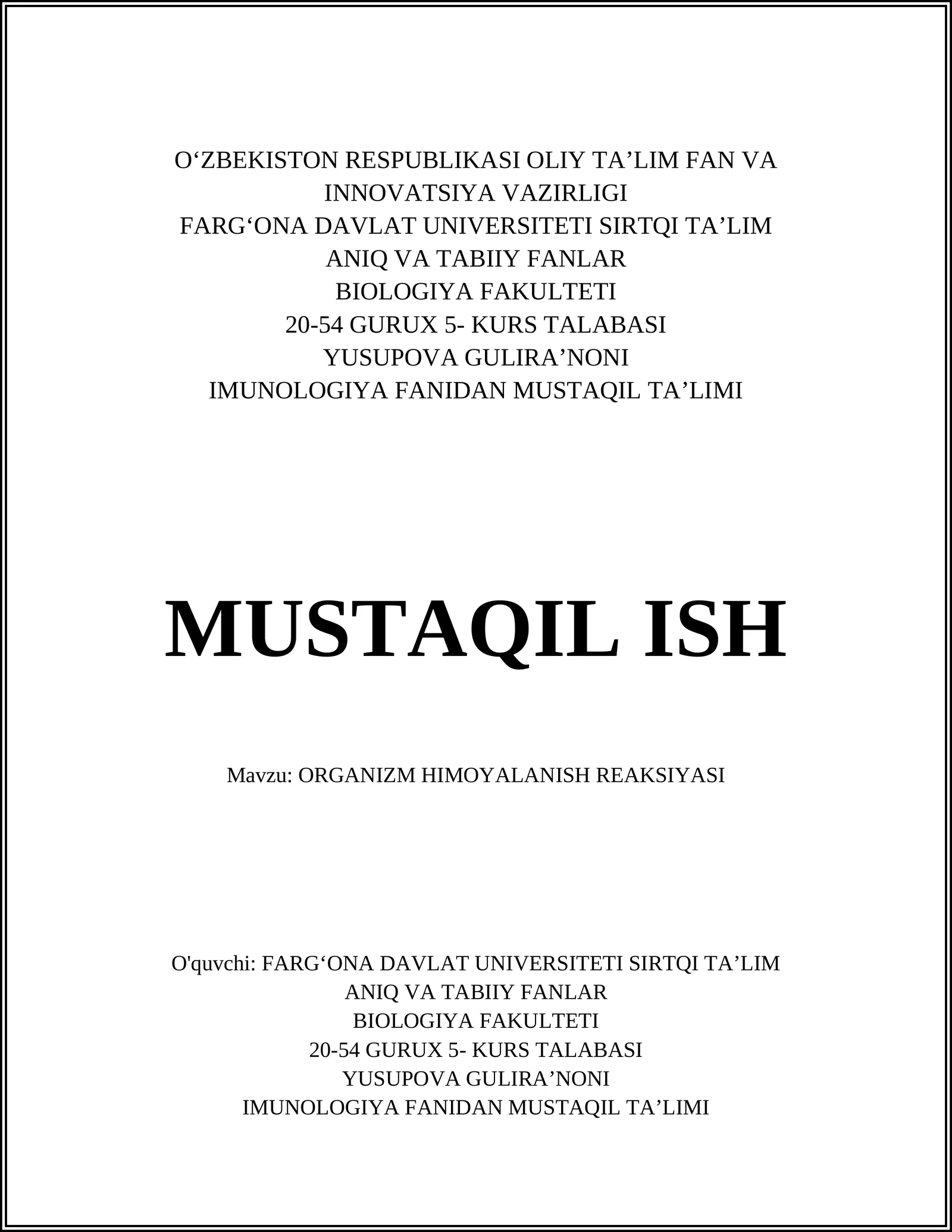 ORGANIZM HIMOYALANISH REAKSIYASI