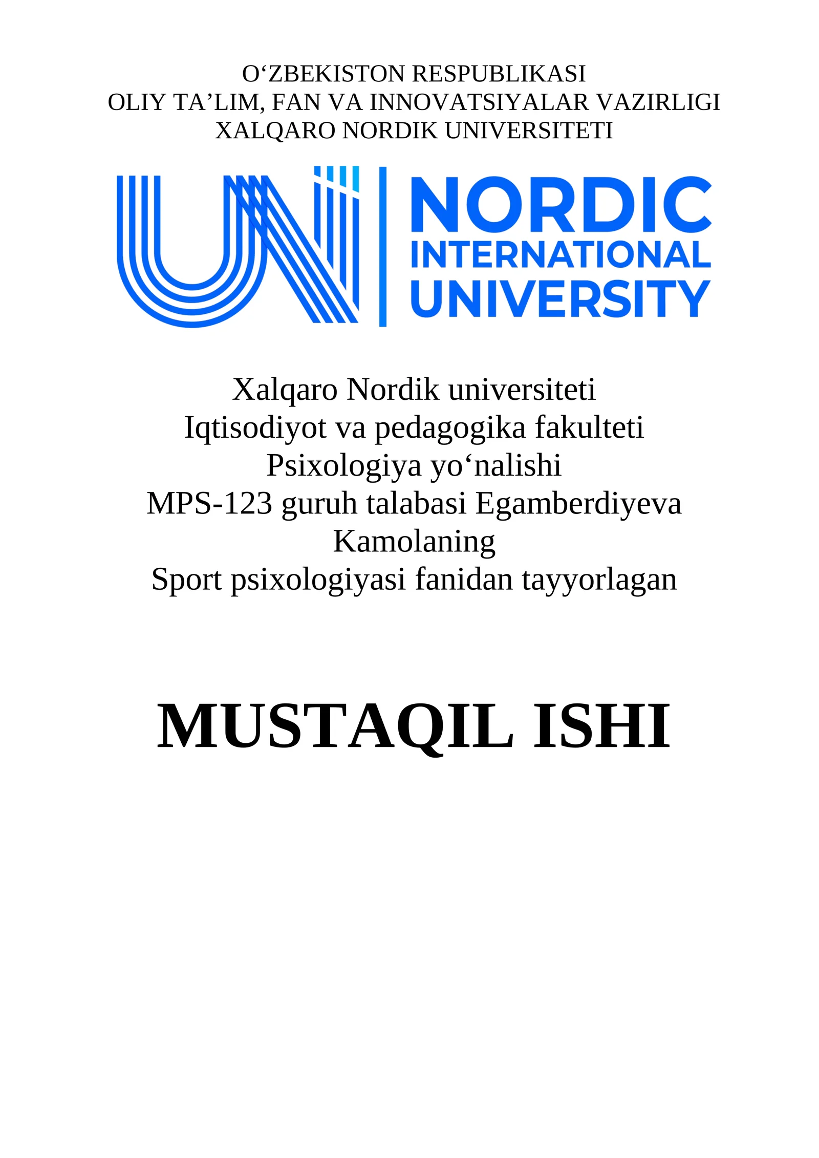 Sport psixologiyasi fanidan MUSTAQIL ISHI