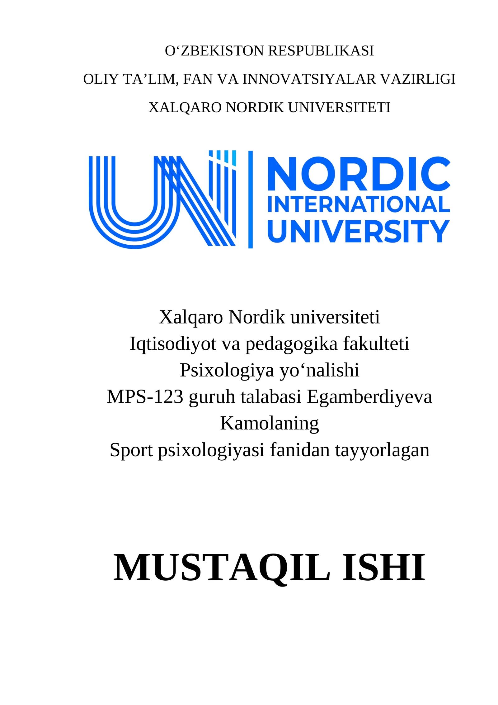 Sport psixologiyasi fanidan tayyorlagan MUSTAQIL ISHI