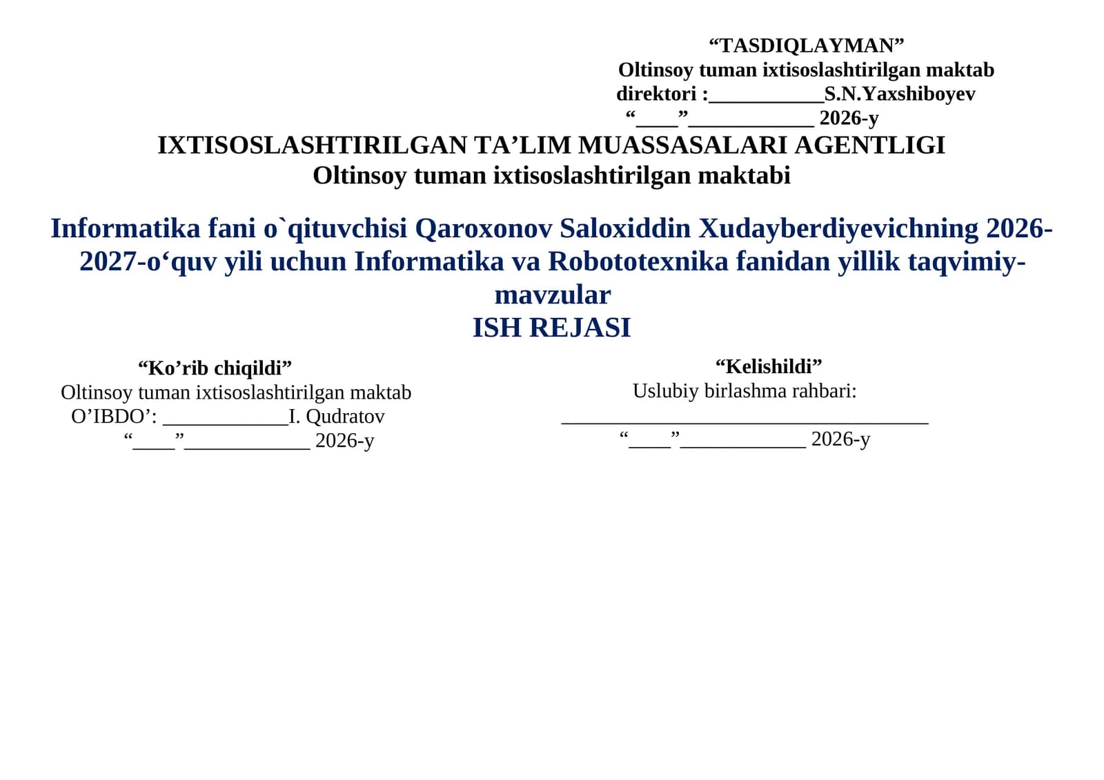 Informatika va Robototexnika fanidan yillik taqvimiy-mavzular