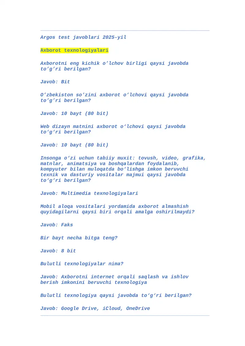 Argos_test javoblari  Axborot texnologiyalari 2025