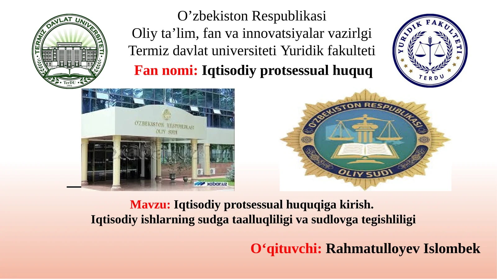 Iqtisodiy protsessual huquqiga kirish.  Iqtisodiy ishlarning sudga taalluqliligi va sudlovga tegishliligi