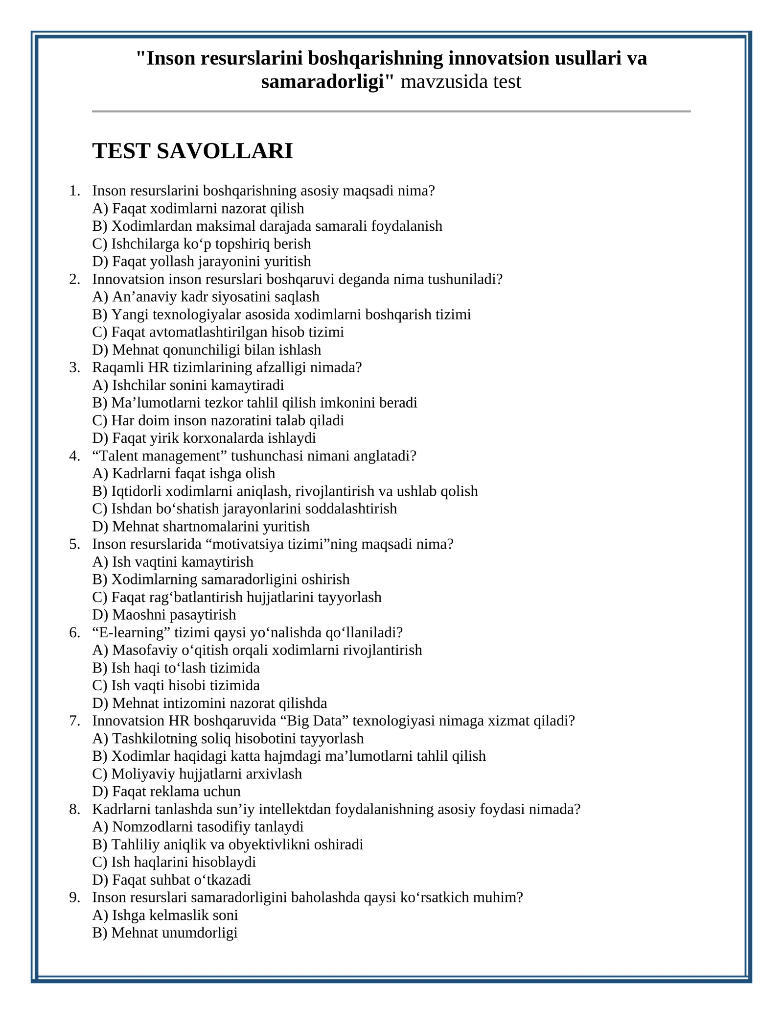 TEST Inson resurslarini boshqarishning innovatsion usullari va samaradorligi
