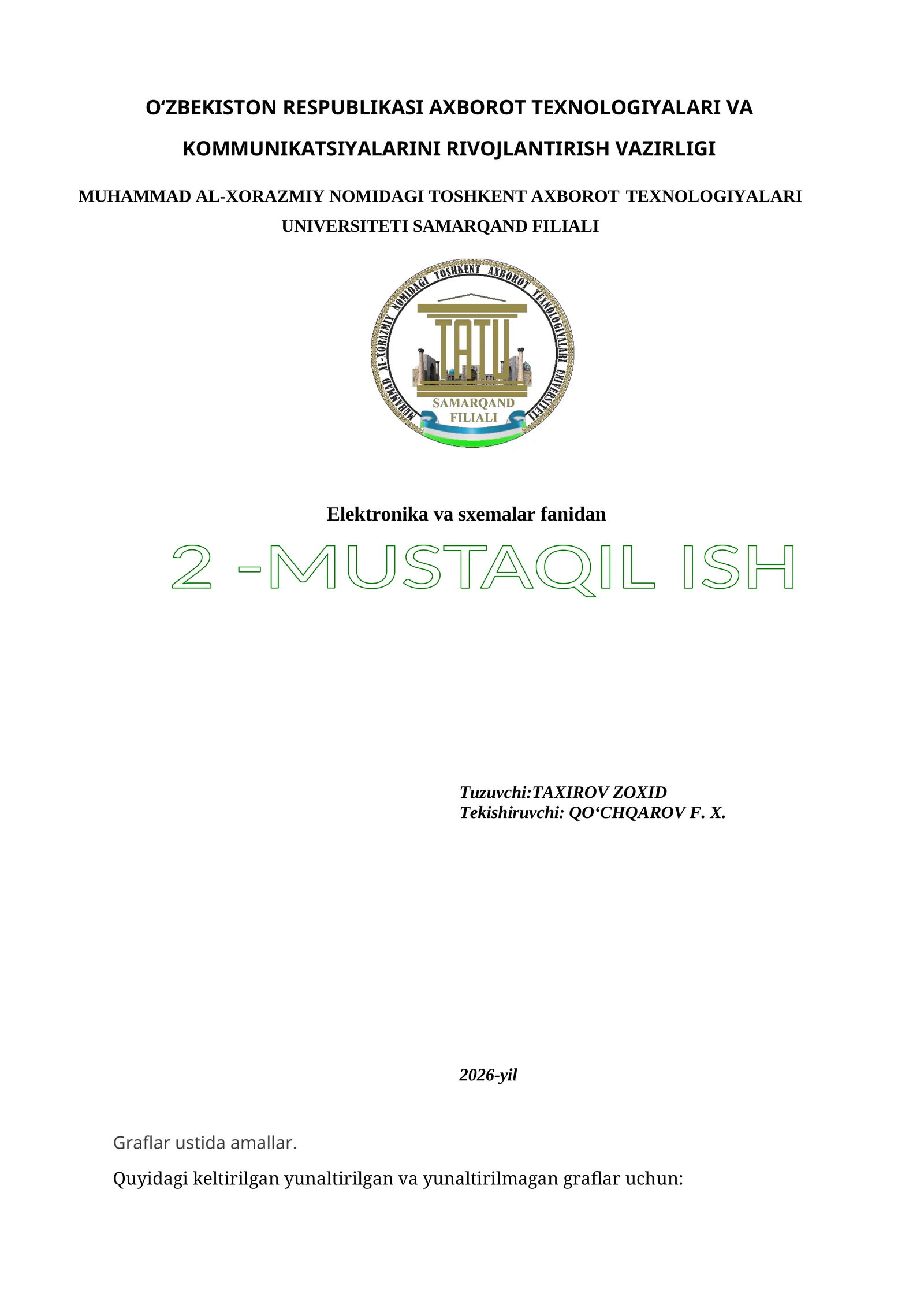 Elektronika va sxemalar fanidan 2 -MUSTAQIL ISH