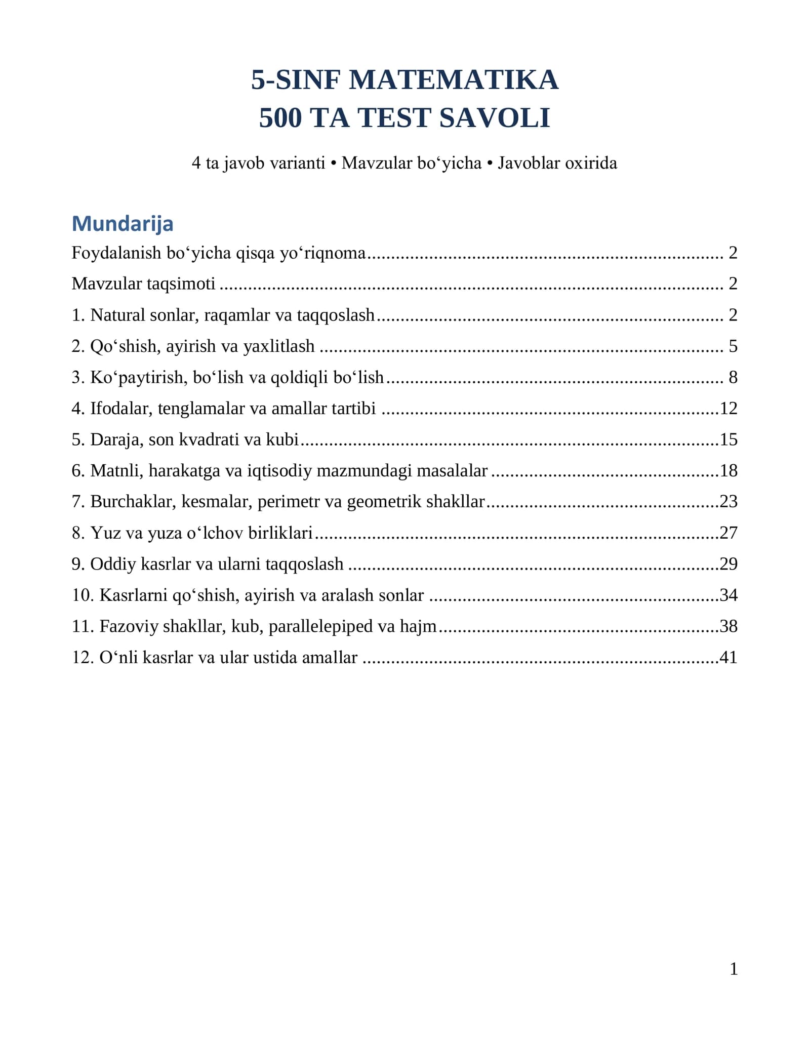 5-sinf matematika: 500 ta test javoblari bilan